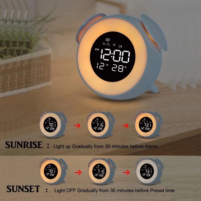 Musik-LED-Wecker, Umgebungslicht, LED-Wecklicht, Uhr mit Sonnenuntergang-Modus, Kinder-Cartoon-Nachttisch (Farbe: Weiß)