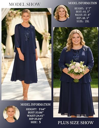 Image of GRACE KARIN Formal Wedding Guest Dress Sequin Mother of The Bride Dresses | Two Piece,3 /4 Sleeve,Tea Length,Crew Neck,Fit and Flare,Chiffon,Suitable for Spring /Summer /Fall /Winter /Cocktail /Party /Prom