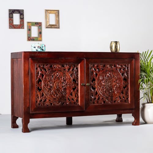 Image of Yepa Wooden Sideboard Cabinet for Living Room | Handcrafted Solid Wood Storage Cabinet with Carved Doors | Crockery Cabinet for Home | Crockery Furniture for Home (Mahogany)