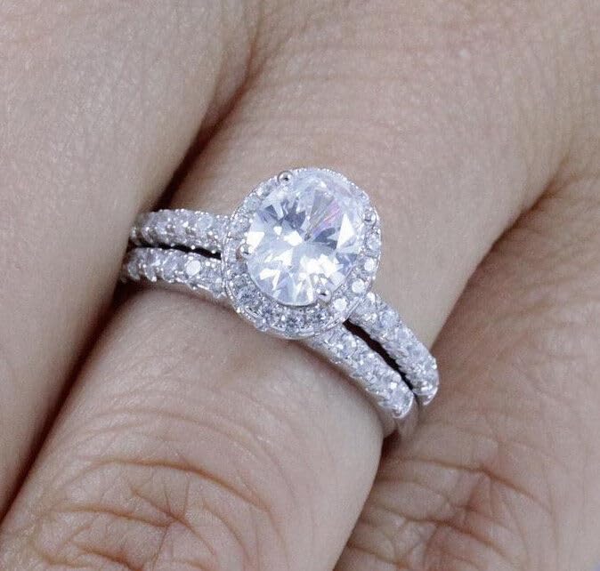 925 Sterling Silver Oval Wedding Band CZ Engagement Rings Set Size 2.5-15 SW59A2