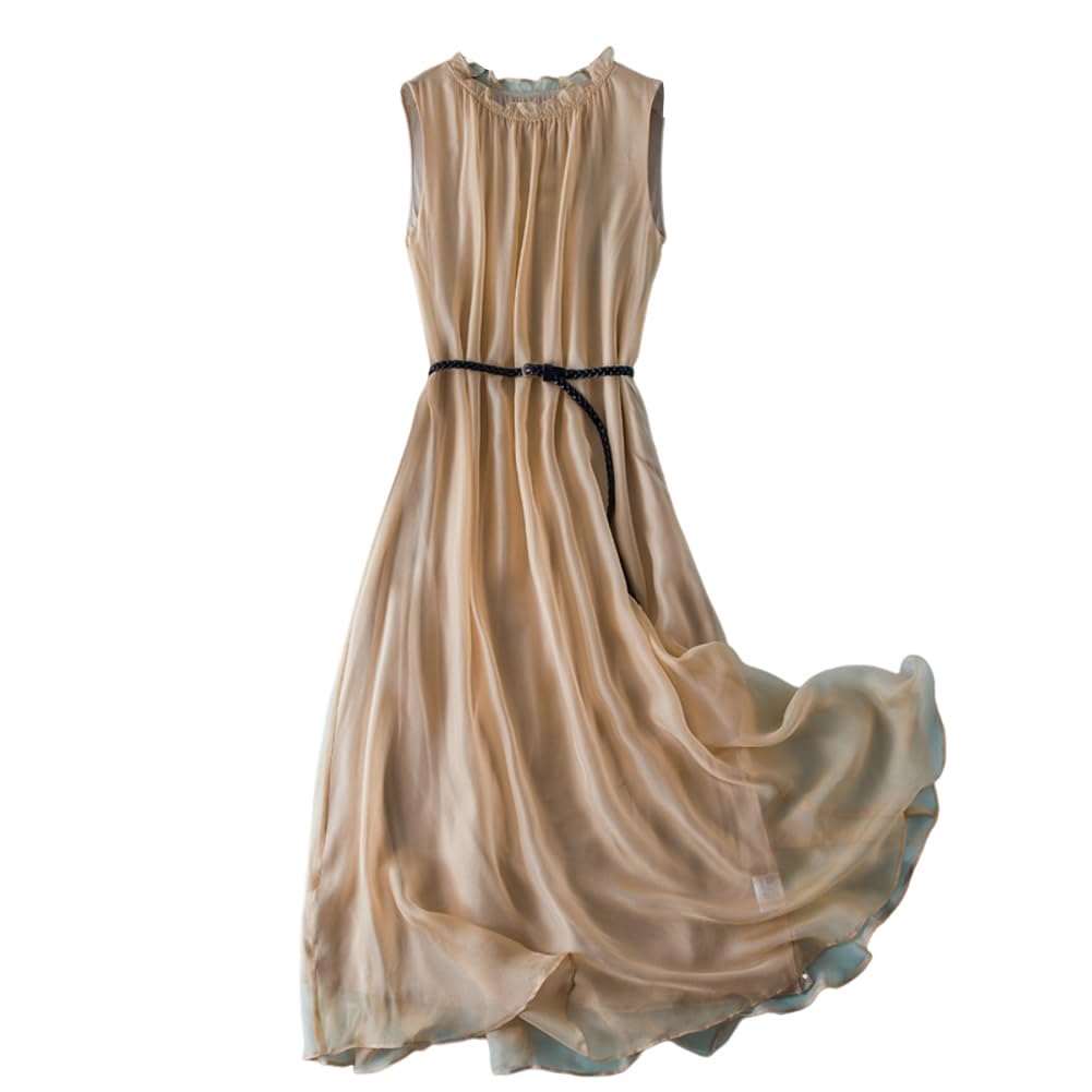 DISSA Damen Seidenkleid Einfarbiges Rundhals Ohne Arm 100% Seide Kleid Luftiges Hoch Taillierte Rüschen Knielanges Mulberry Seidenkleid,D98003