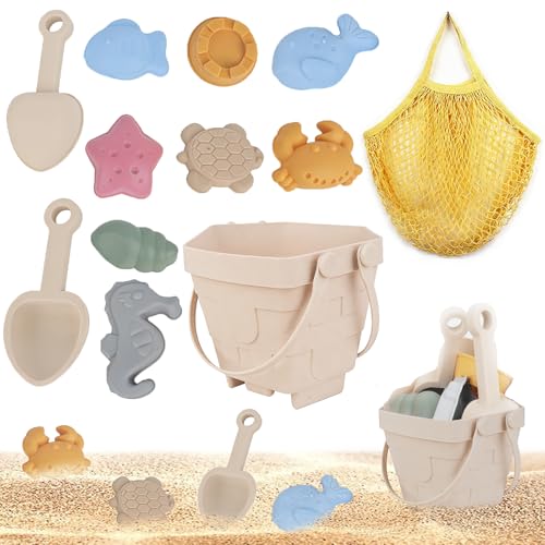 SKIKHN Brinquedos de praia de silicone, jogos de praia com cubo de areia, saco de praia e moldes de areia, brinquedo de exterior presente para a família