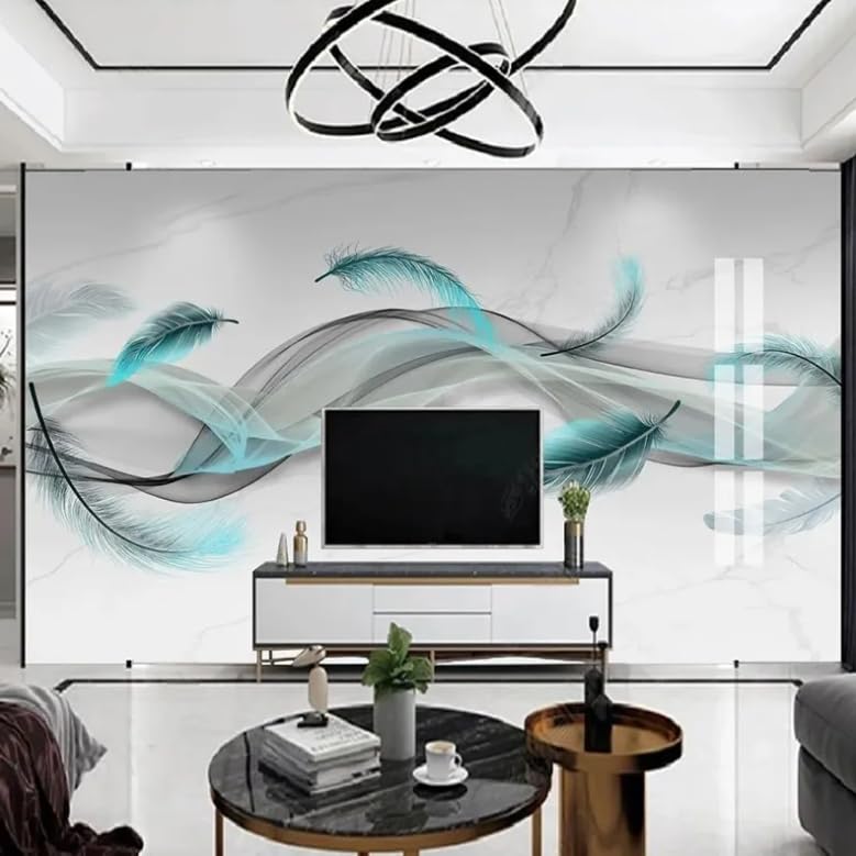 Papier peint photo 3D marbre et plumes bleues pour deco salon 300x210 cm