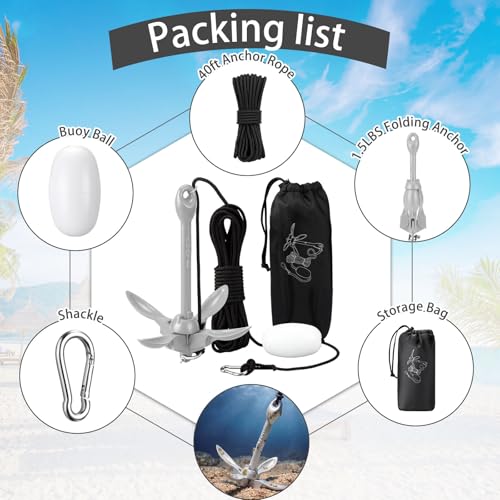 Image of MorningRo 1 Pack 1.5 /3.5 lb Marine Kayak Anchor Kit with 40ft Rope and Buoy Folding Grapnel Boat Anchor Kit Kayak Fishing Accessories for Small Boats, Canoe, SUP Paddle Boards