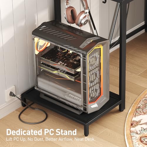 Image of RALGEND Computer Desk with Shelves and Drawers, 43.3 Inch Gaming Desk with Charging Station and LED Lights, Desk Workstation with Monitor Stand and Storage for Home Office, Black