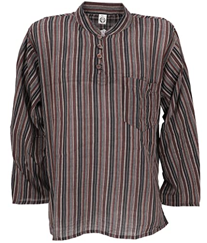 GURU-SHOP, Camisa de Pescador de Nepal con Rayas Goa Hippie Shirt, Marrón, Algodón, Tamaño:48, Camisas de Hombre Cover