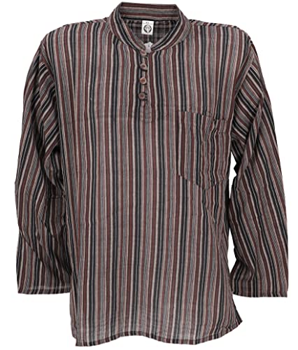 Guru-Shop, Camisa a Rayas Nepal Fisher Goa Camisa Hippie, Marrón, Algodón, Tamaño:44, Camisas de Hombre