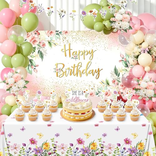 124Pcs Wildflower Birthday Party Decoration Spring Floral Baby Shower Decor with Balloons Floral Backdrop Banner Tablecloth Cake Toppers for Women Girls Birthday Bridal Shower Tea Garden Party