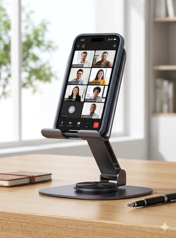 Image of Metal Mobile Stand for Smartphones with 360 Degree Rotation, Adjustable and Foldable Phone Holder, Black, Freestanding, Anti-Slip Base
