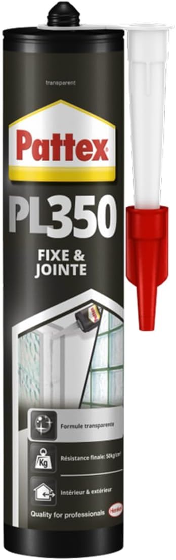 PATTEX Colle Fixation PL350, mastic de fixation polymère haute résistance, intérieur et extérieur, colle et jointe, coloris transparent, cartouche 300 g (Lot de 5)