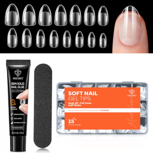 Image of Modelones Almond Nail Tips, Fake Nails Tips with Solid Nail Glue File | 15Sizes 240PCS Pre Etched Half Matte Press On Nails No UV Light Needed Quick Drying, Long Lasting DIY Home Salon