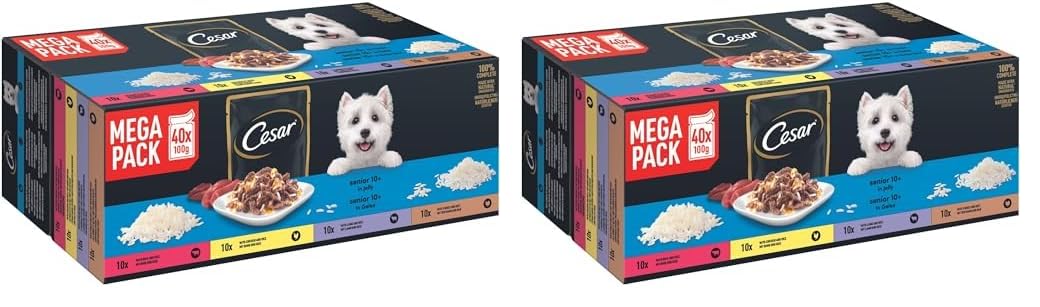 Cesar Selektion in Gelee Premium Hunde Nassfutter für Senior 10+ im Portionsbeutel Getreidefrei mit Superfoods in 4 Varietäten Megapack 40x100g (Packung mit 2)