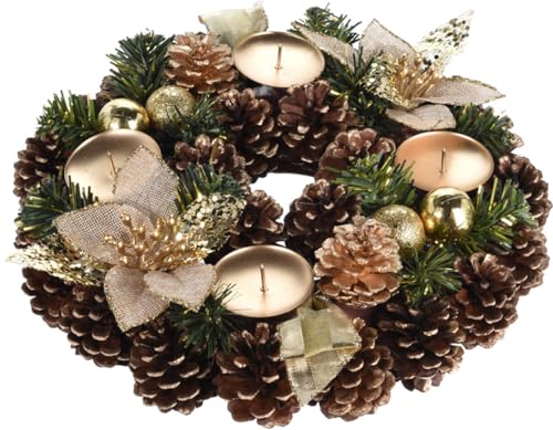 Adventskranz mit Zapfen, goldenen Kugeln und Stoff Blüten -...