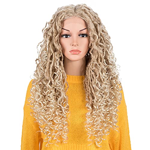 NOBLE Blonde Goddess Faux Locs Crochet Hair Wigs 24 INCH Simulated Scalp Lace Front Wigs Locs with Curly Ends Synthetic Crochet Hair Braids Lace Front Wigs for Women