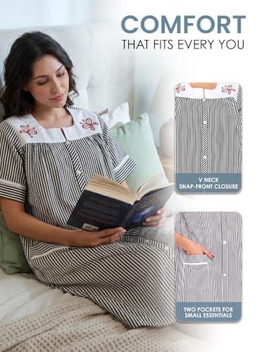Image of Casual Nights Women's Snap - Front House Dress Short Sleeve Woven Housecoat Duster Lounger Robe with Pockets
