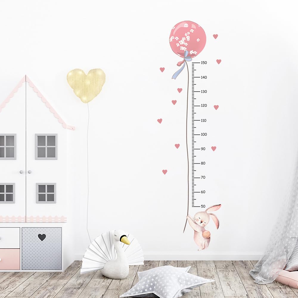 Stickers mesure de la hauteur pour fille Rose Tableau mural de hauteur Stickers muraux décoratifs pour enfants Planche de croissance du bébé Graphique de croissance enfant Vinyle Mesureur Lapin