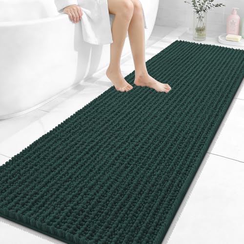 Image of OLANLY Long Bathroom Rugs Runner 70x24, Thick Soft and Absorbent Chenille Bath Mat, Non-Slip, Machine Washable Quick Dry Bath Rugs for Tub Shower Floor, Home Decor Accessories, Blackish Green