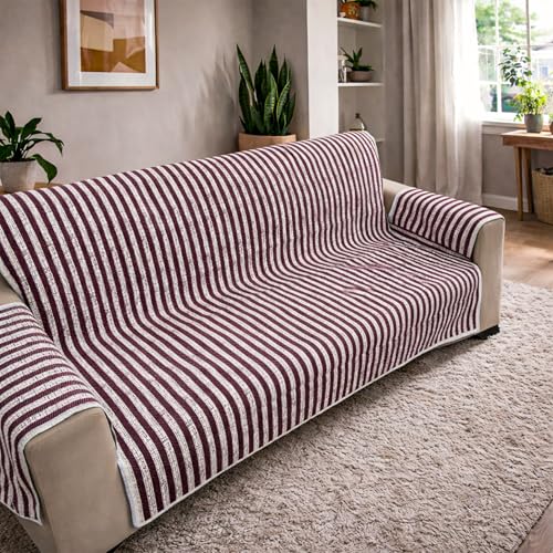 Image of Homerz Premium 3 Seater Quilted Reversible Sofa Cover Mat with Pocket Arms | Polyester Blend 350 GSM Full Coverage & Back Belt for Stability (Azurea, 3 Seater)