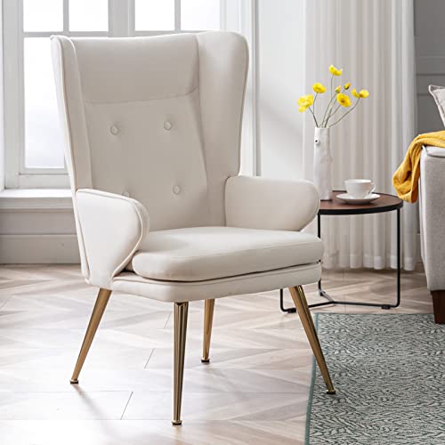 Zhenghao Mid Century Accent Chair, Upholstered Tufted High Back Lounge Chair With Arms Modern Accent Side Chair Velvet Armchair With Gold Legs For Living Room/Bedroom/Vanity, Cream #TOP24