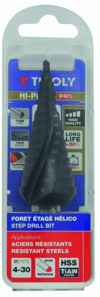 TIVOLY 11438720430 - Broca HSS TiAlN cónica escalonada con pasadores helicoidales, Negro
