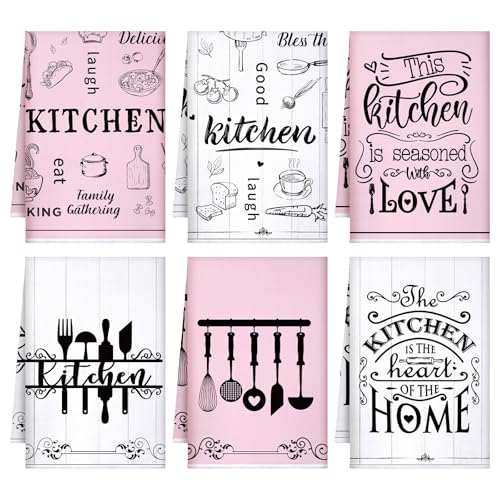 Image of Bencailor 6 Pcs Pink Kitchen Towels Decorative Sets Dish Towels Absorbent Fast Drying Hand Tea Vintage Hanging Reusable Cleaning Dishcloths for Cooking Farmhouse Bathroom Accessory