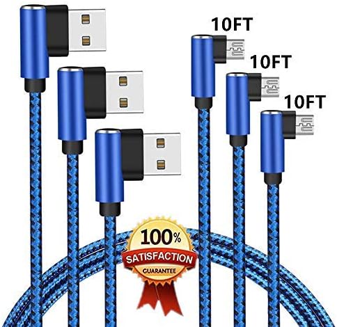 Micro USB Charger Cable, 90 Degree Right Angle Cable 3 Pack 10FT USB Micro Cable Nylon Braided Charger Cords and Data Sync for Android, Galaxy S7 Edge/S7/S6/S5, HTC, Xbox One, PS4 & More