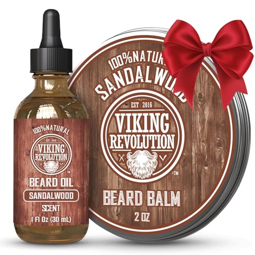 Viking Revolution Sandelholz-Bartbalsam für Männer (57 ml) und Sandelholz-Bartöl (29,6 ml) Bündel – mit Argan- und Jojoba-Ölen – macht Ihren Bart weich und befeuchtet – Strumpffüller für Männer