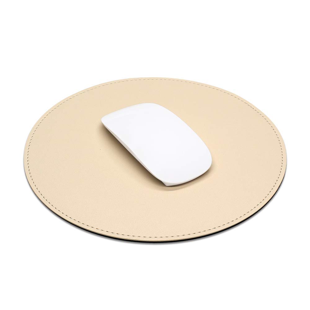 ProElife Cute Round Mouse Pad Mat Waterproof PU Leather 8.66-Inch Mousepad with Anti-Skid Base Stitched Edge for Home Office Gaming Computer Laptop Accessories (Apricot)