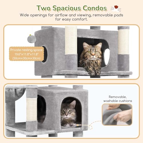 Image of Globlazer Heavy Duty Cat Tree, 74in Tall Sturdy Cat Tower for Large Cats Adult Big Cat Tree with 7 Scratching Posts, 2 Condos with Pad, 2 Dual-Ear Hanging Baskets, Enlarged Top Perch, S74, Light Grey