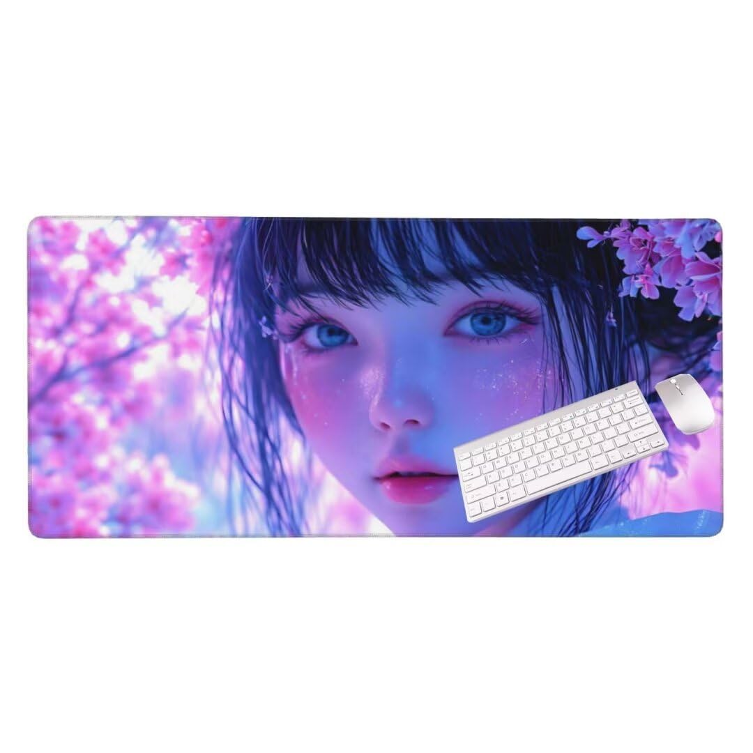 Alfombrilla de ratón 1400x600x3 MM, Alfombrilla Ratón XXL Extendida de Gran Tamaño con Bordes Cosidos, Base de Goma Antideslizante Almohadilla para Teclado, Cherry Blossom Woman S-12155