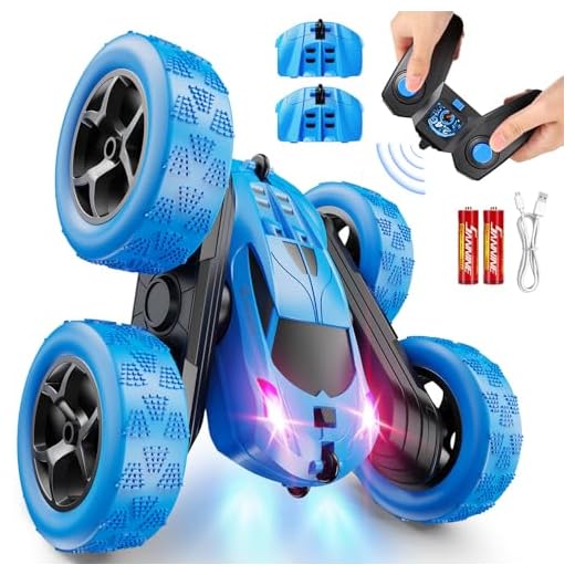 QUNREDA Remote Control Car, RC Cars Toys for Kids Ages 6-12, 4WD Stunt Car with LED Lights & 360° Flips, 2.4GHz, Upgraded USB-C Modular Batteries, 8-10 Year Old Boys Birthday Gift 1-Blue