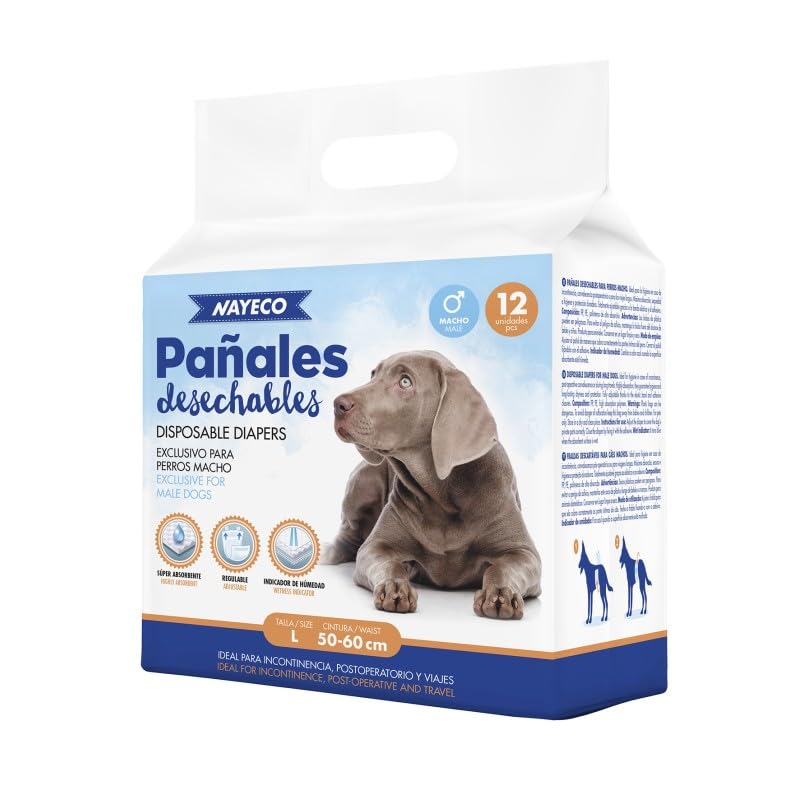 Pañales Desechables para Perros Macho, Ajuste Super Absorbente a Prueba de Fugas, Indicador de Humedad 12 PAÑALES (12, L)