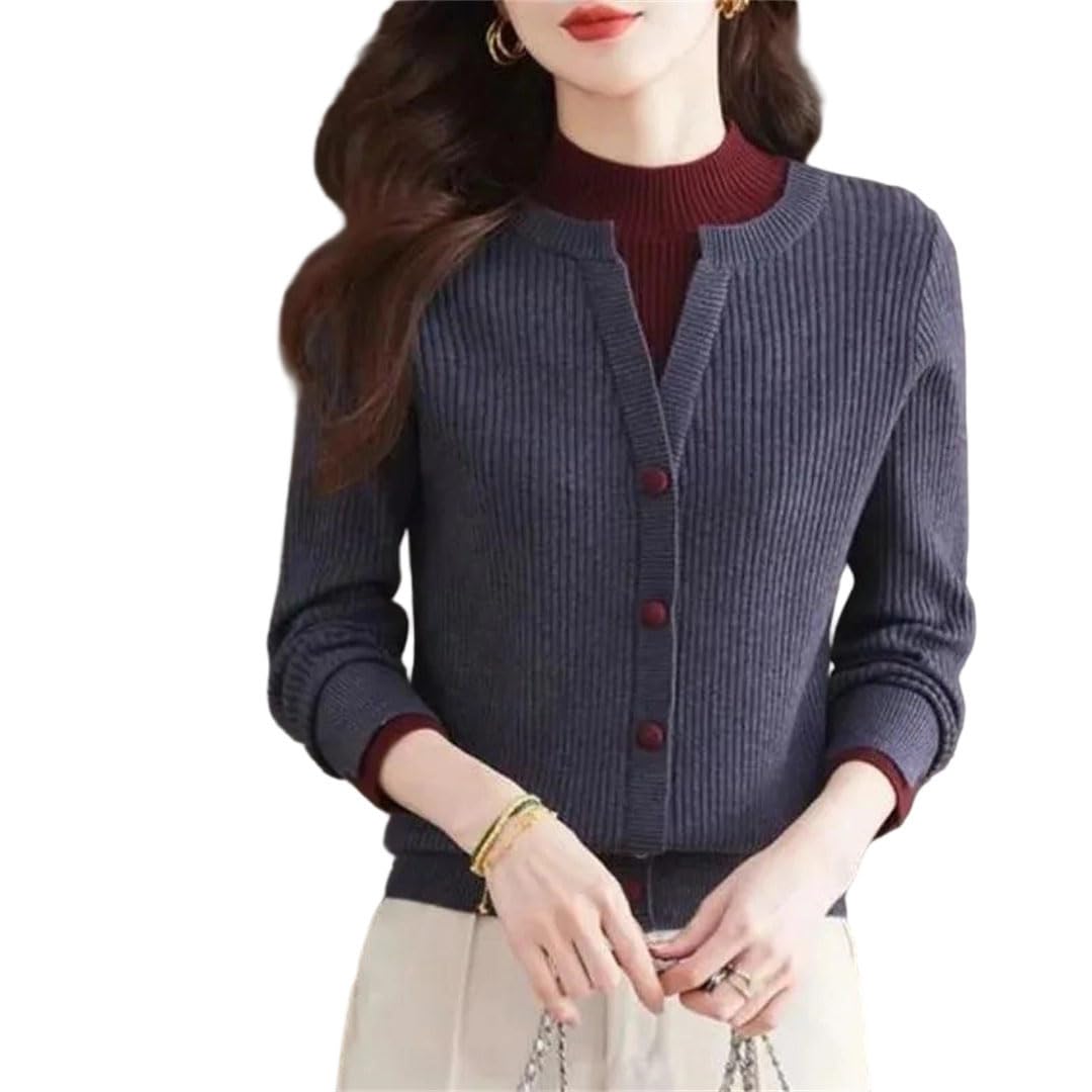 Womans Sweater Half Turtleneck Fake Two-Piece Pullover Knit Sweater Loose Base Shirt