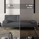 VECELO Modern Convertible Folding Futon Sofa Bed with Removable Armrests Breathable Linen Recliner Couch for Living Room/Apartment Lounge, 2 Cup Holders, Grey - Image 4