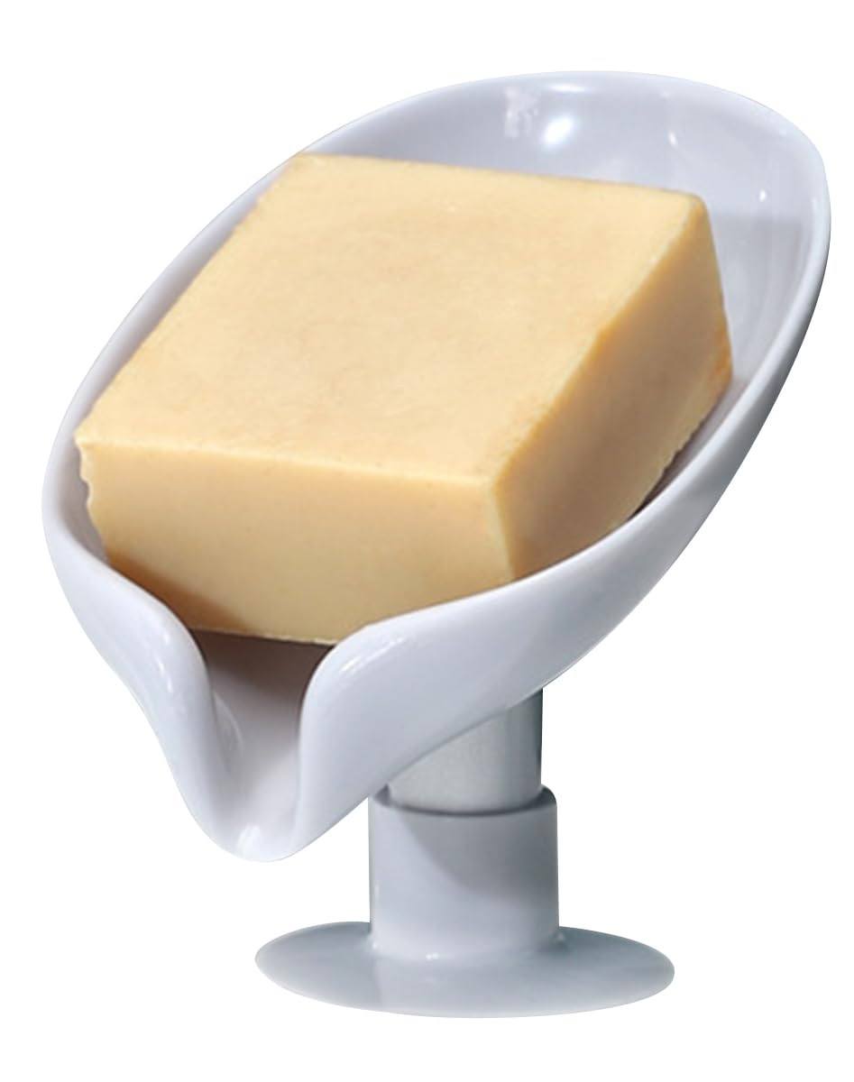 ECVV Soap Dish Leaf-Shape Self Draining Soap Holder for Bathroom Shower, Kitchen Sponge Tray for Sinks Countertop, Easy Clean Bar Shower Dish Rack Gray