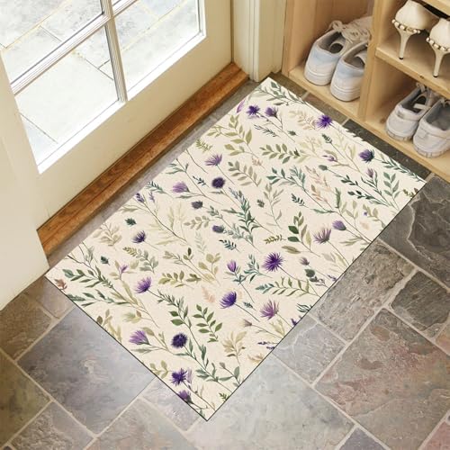 CEDNXOER Felpudo Entrada Casa 50 x 80 cm, Alfombra Entrada Casa Interior Antideslizante Sencillo Pétalos, Lavable Felpudo de Alfombrilla Campo Flores Silvestres, Interior Tapete Verde Salvia