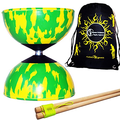Mr Babache Harlekin Diabolo Kit (Vert/Jaune) avec Bois Baguettes Diabolo, Ficelle Diabolo +Flames N Games Sac de Transport.