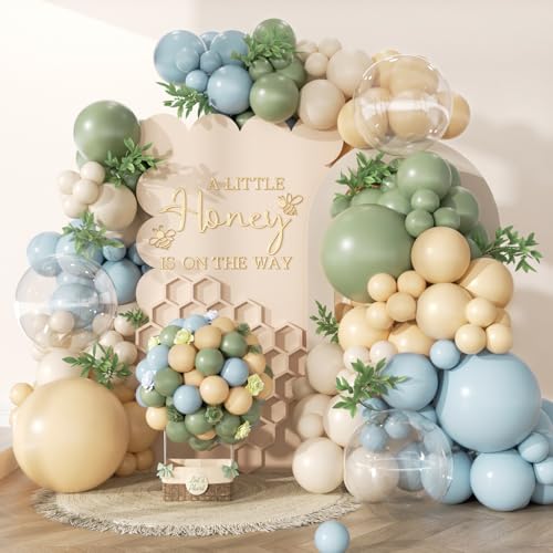 Image of Sage Green Dusty Blue Nude Balloon Kit with 3 Bobo Balloons 139Pcs Sand White Latex Balloons for Bear Baby Shower Wedding Birthday Party Decorations for Boy Girl Adult