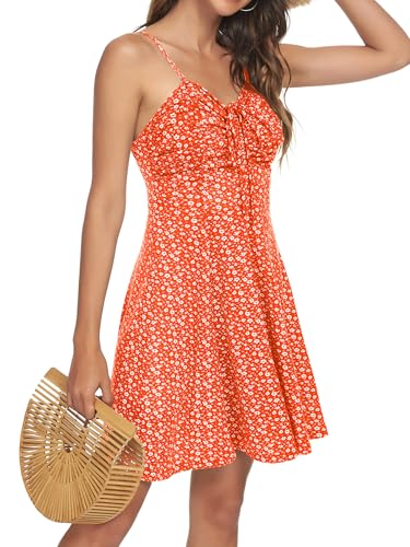 Image of Missufe Spaghetti Strap Floral Mini Dress Women's Casual Ruched Front Drawstring Swing Sundress