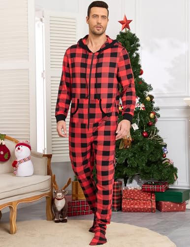 Image of Veseacky Family Christmas Pajamas Matching Sets Adult Onesie Zipper Hooded Footed One-Piece Pjs Jumpsuits