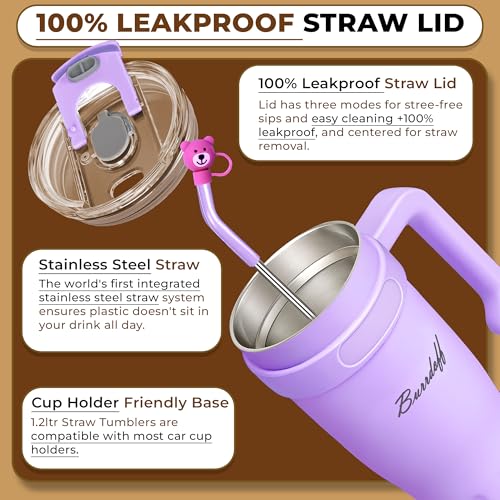 Image of Insulated Tumbler with Straw Lid and Handle (1200 ML) Double Wall Sipper Water Bottle for Adults, Tumbler Bottle with Straw (Lavender, 1200 ML, with Bear Straw Cover)