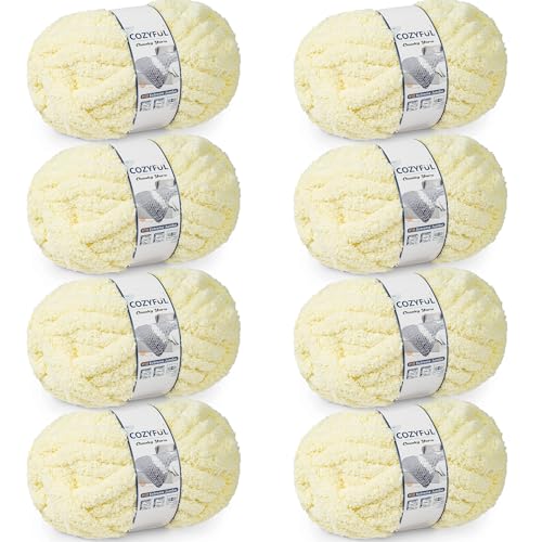 Cozyful Chunky Yarn for Hand Knitting - #10 Chunky Chenille Yarn Jumbo Big Thick Chunky Yarns for Crocheting Super Bulky Chunky Knit Blanket Yarns 8 Skein (22 yds 8 oz Each Skein) Light Yellow
