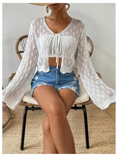 SweatyRocks Women's Tie Front Crop Cardigan Hollow Out Long Sleeve Lightweight Knit Tops4