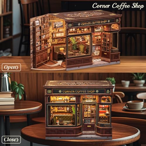 Image of CUTEBEE Book Nook Kit - Coffee Shop Miniature House Build Yourself | 3D Wooden Puzzle & Bookend - Bookshelf Decoration & Gift (Corner Coffee Shop)