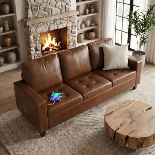 Image of STHOUYN 73 inch Modern Brown Faux Leather Sofa, Office 3 Seater Couch | STHOUYN, Comfy, Tufted Armrest, USB Charger, Living Room, Bedroom, Apartment