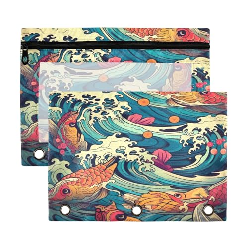 ATTX Bolsa de lápis colorida com ondas de peixe para fichário de 3 anéis – Estojo transparente de grande capacidade com zíper liso, organizador de material de escritório resistente #308