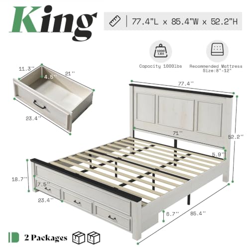 Image of AMERLIFE King Size Farmhouse Bed Frame with 52.2 inch Tall Panel Headboard & Footboard, Storage Platform Bed with Spacious Drawers, No Box Spring Required, Rustic White
