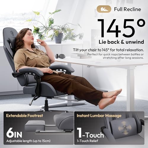 Image of Dowinx Gaming Chair Fabric Big and Tall with Pocket Spring Cushion, Massage Game Chair Cloth with Headrest, Ergonomic Computer Chair with Footrest 350LBS, Grey