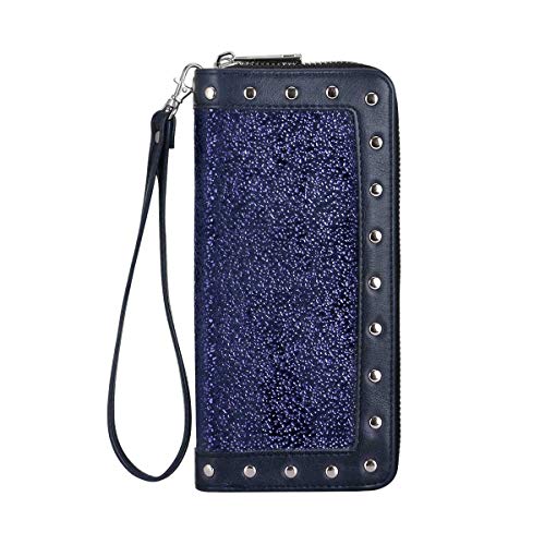 Preisvergleich Produktbild HAWEE RFID Blockierung Lange Kupplungs-Mappe für Frauen Doppel-Reißverschluss Handymappendamen Armband-Geldbeutel mit Mehreren Karten-Slots für Kreditkarten Münze Bargeld (Saphirblau-2)
