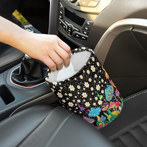 Image of Mushroom Daisy Trash Can Leak Proof Waste Basket Container Bag Bin Hanging Cup Holder Organizer with Strap Mini Car Interior Accessories for Auto, Camping, Travelling